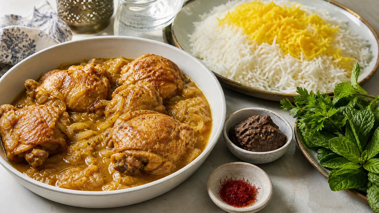 Saffron chicken with Telf, qara qurut, rice and fresh herbs