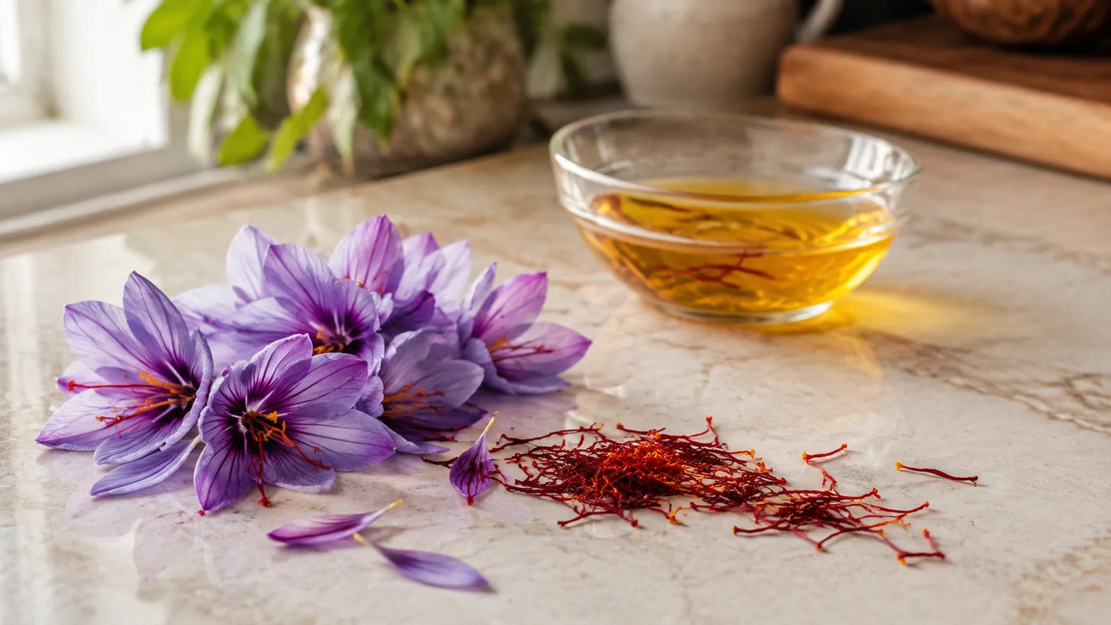 Saffron flowers, red threads and a golden infusion for cooking
