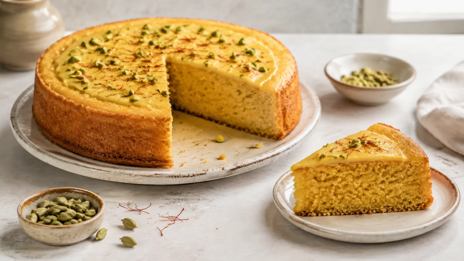 Sliced cardamom saffron cake with saffron topping and pistachios