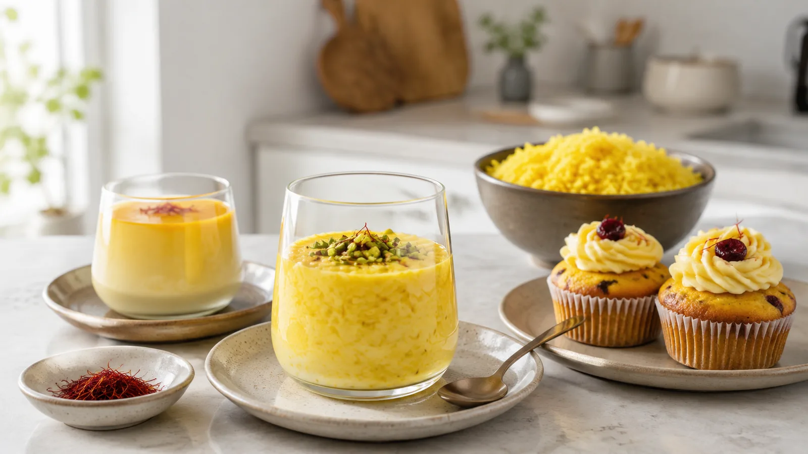 Saffron rice pudding, panna cotta, cupcakes and golden rice