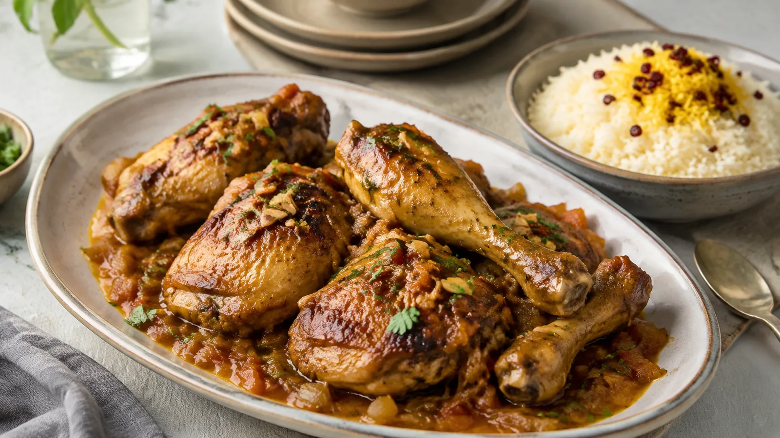 Golden saffron fried chicken with onion sauce and barberry rice