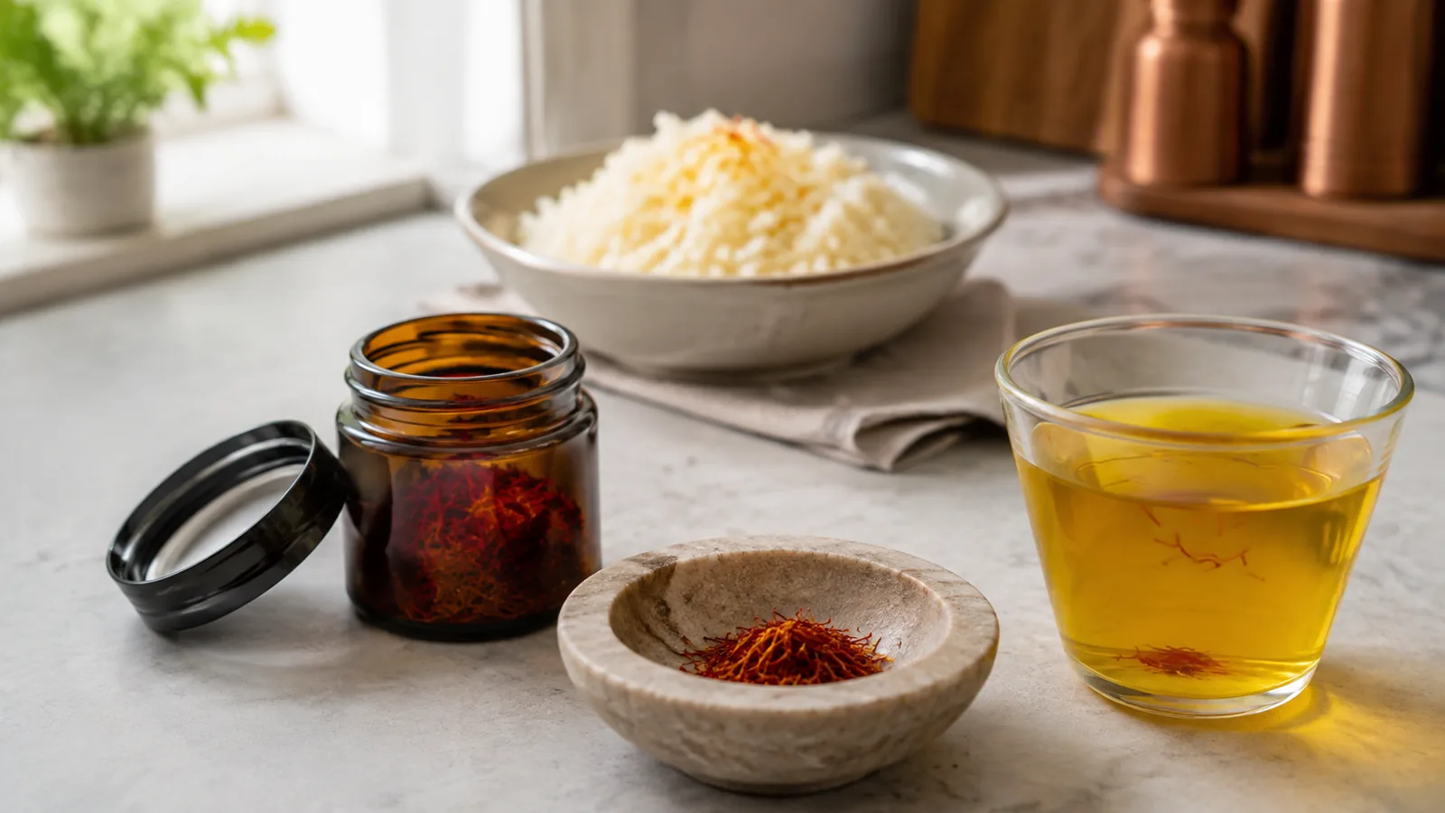 Saffron stored in a dark jar beside crushed threads and a warm infusion