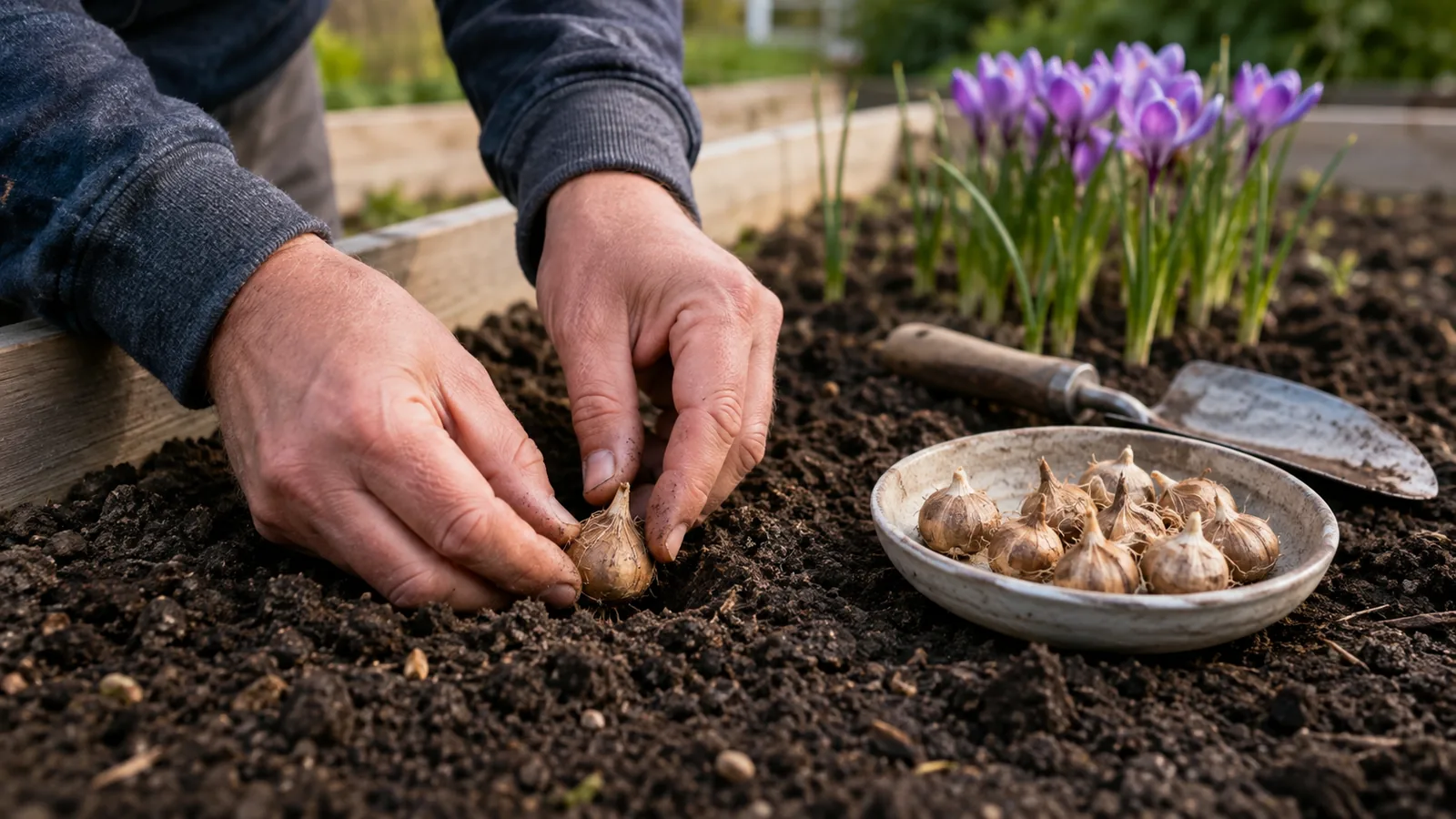 Gardener planting saffron corms in a well-drained raised bed