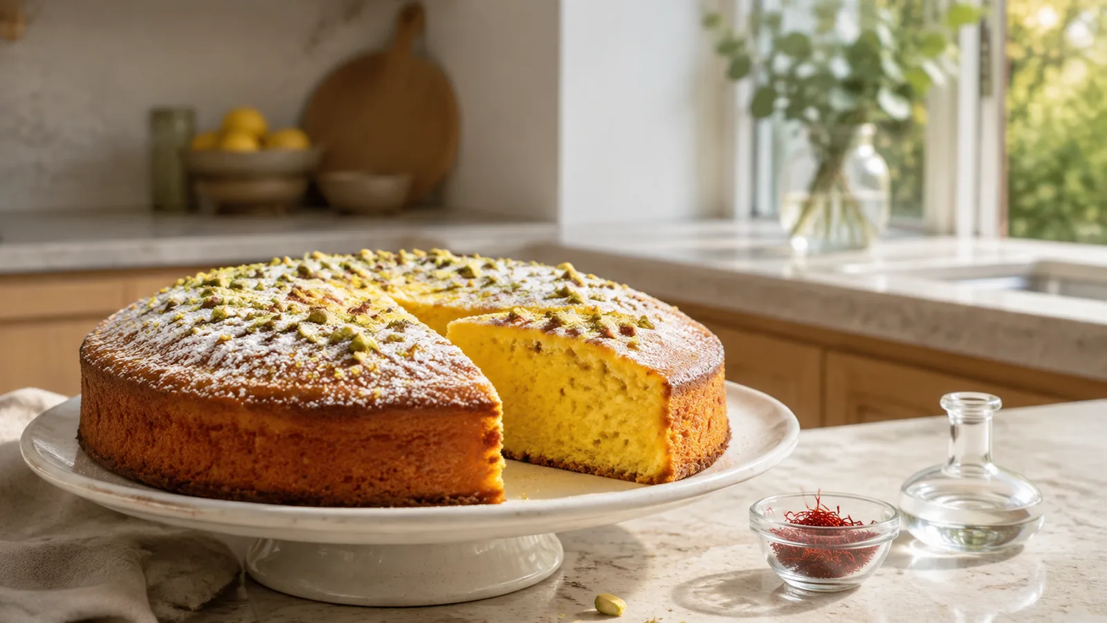 Saffron and rosewater cake with pistachios on a ceramic stand