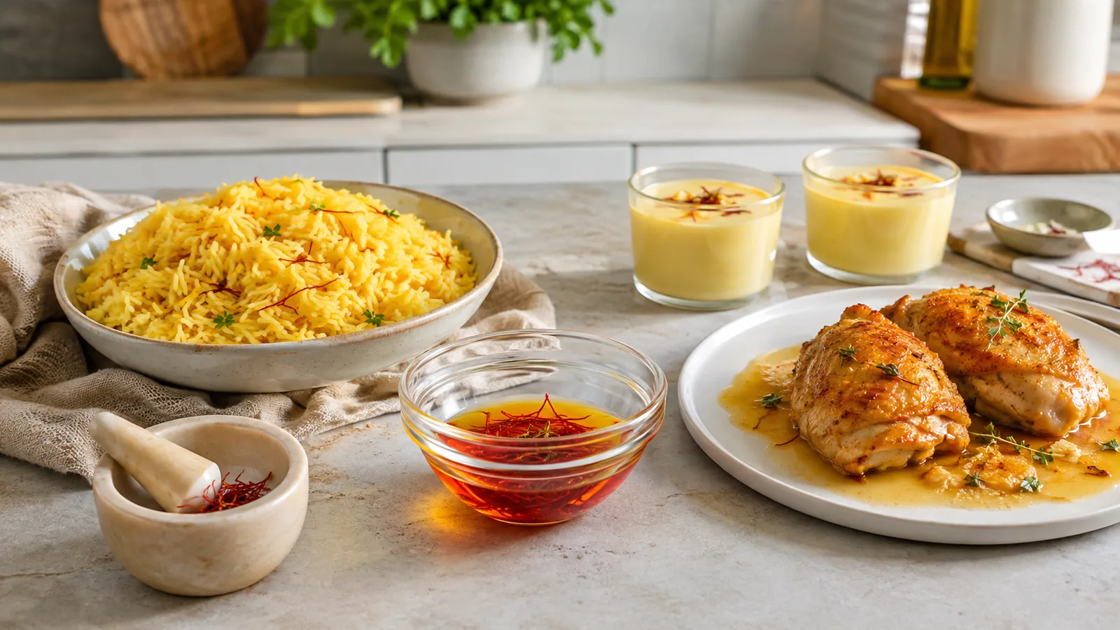 Saffron rice, chicken, dessert and bloomed threads in a modern kitchen