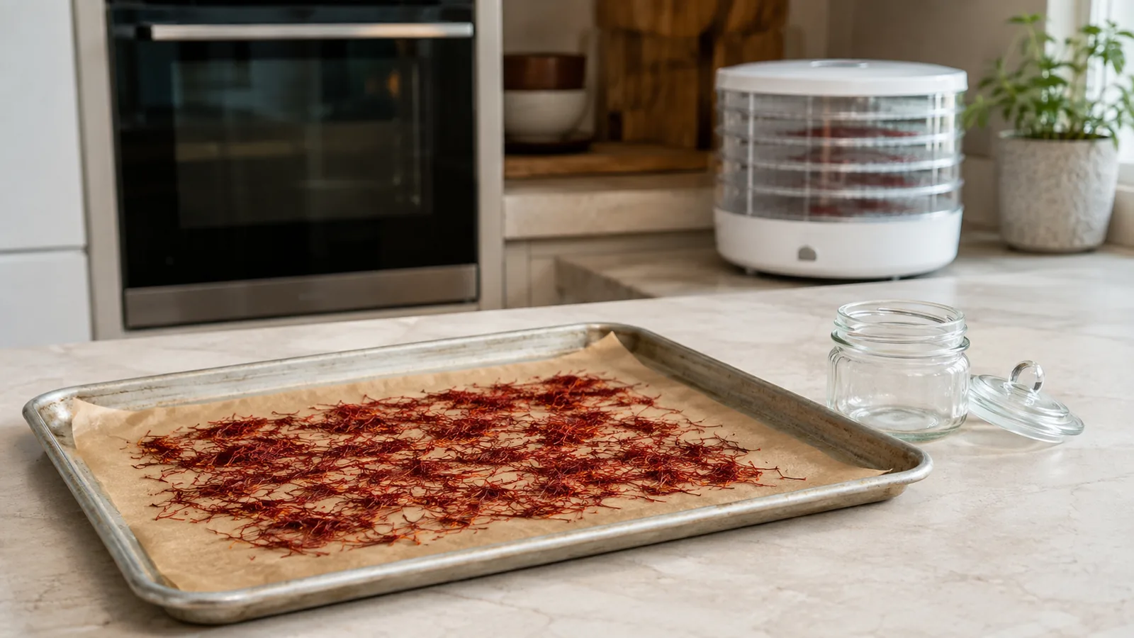 Saffron threads drying in a single layer beside a home dehydrator