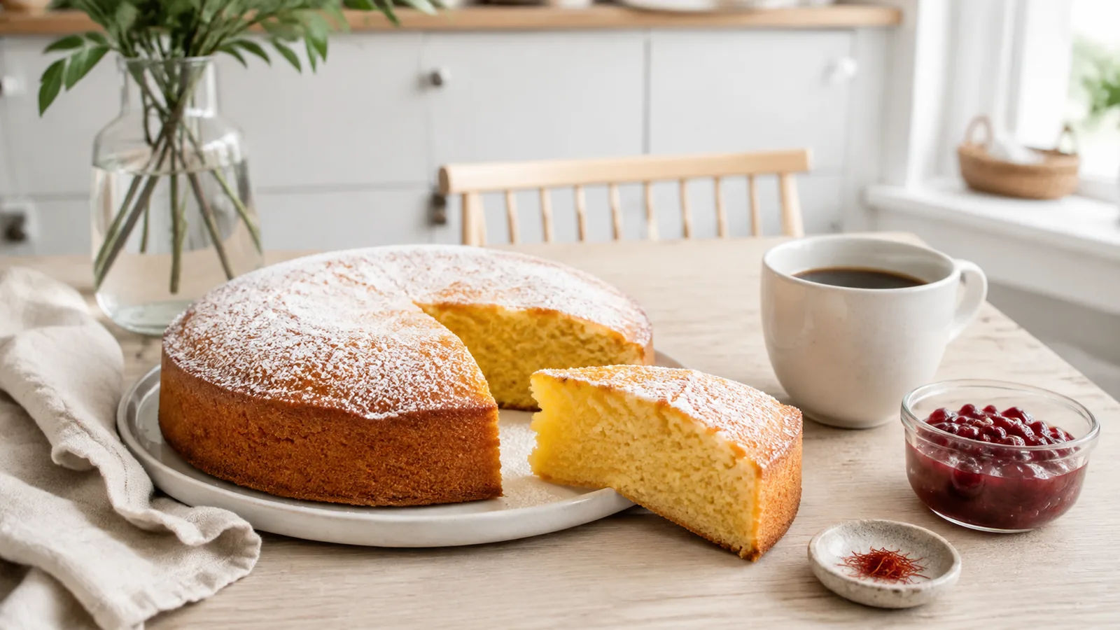 Swedish saffron cake with coffee and lingonberry preserves