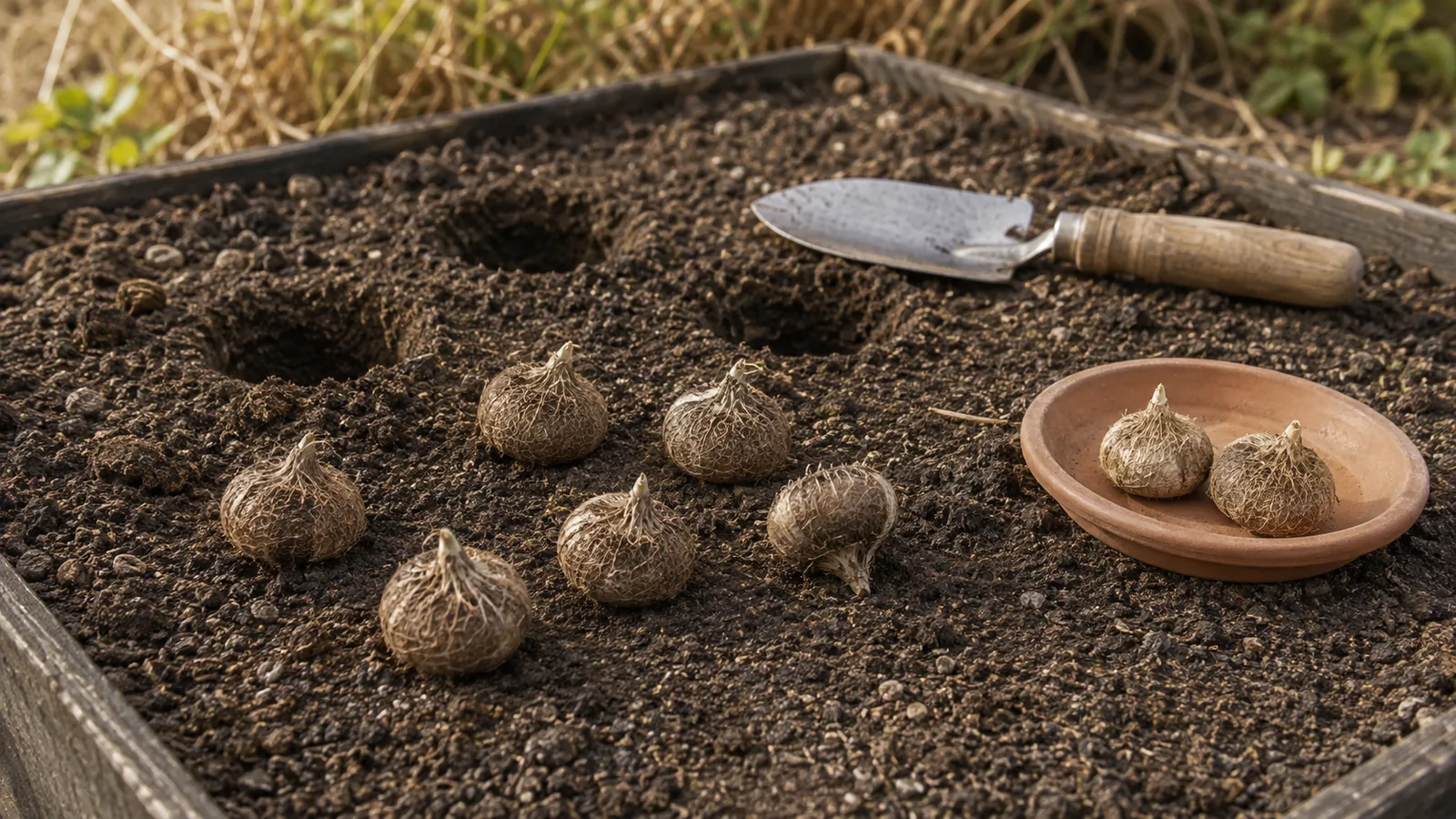 Saffron corms ready for late-summer planting in a raised bed