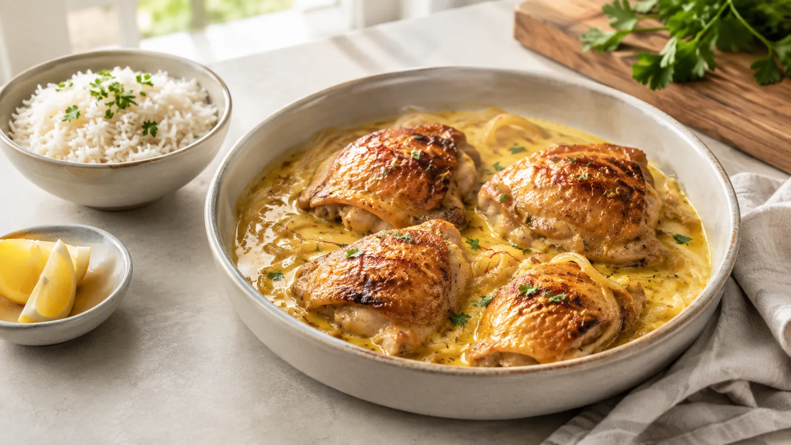 Saffron chicken with a light mayonnaise pan sauce and basmati rice