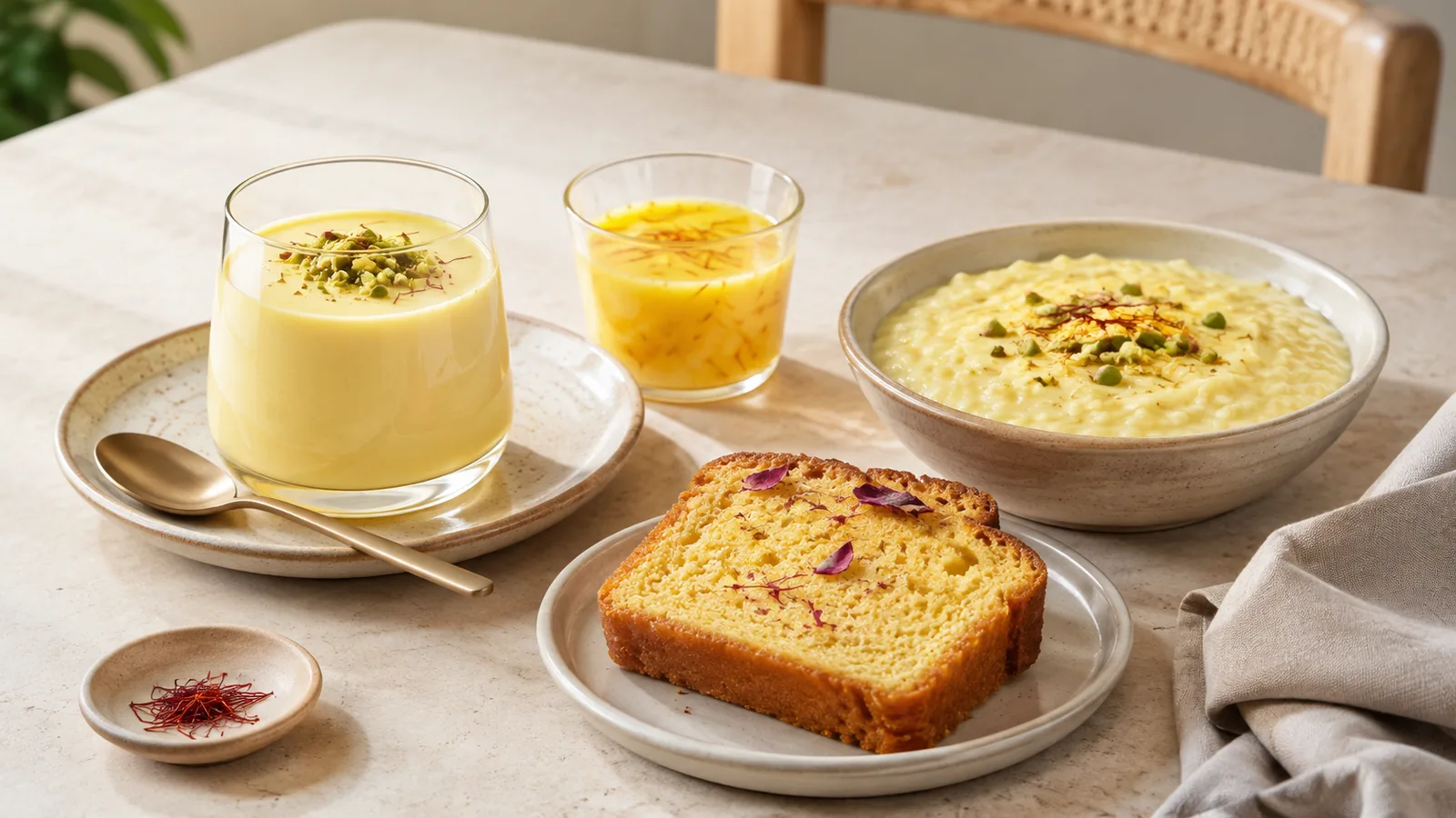 Four saffron desserts with panna cotta, milk jelly, rice pudding and cake