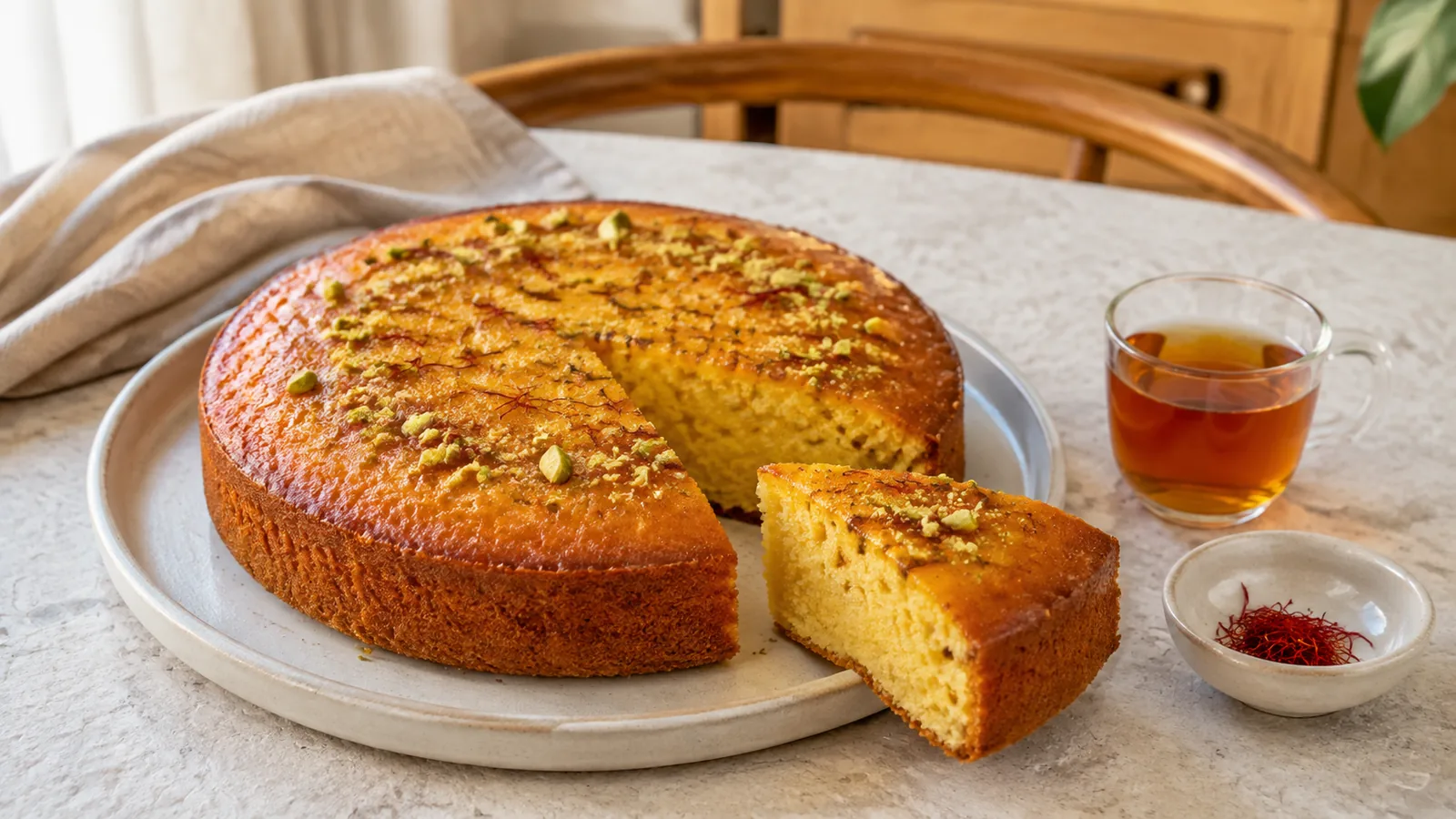 Saffron rosewater cake with a syrup glaze, pistachios and one cut slice