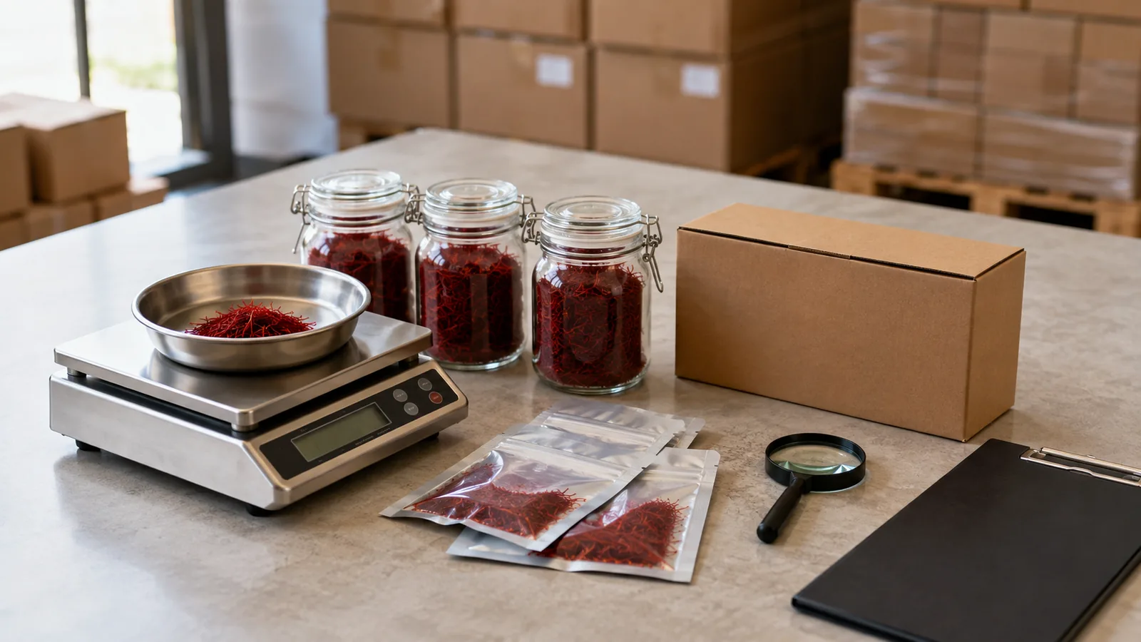 Saffron export quality-control station with scale, jars and packing cartons