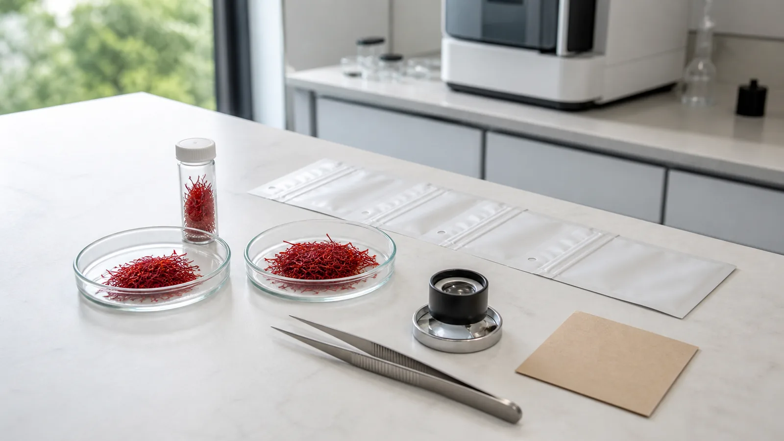 Saffron samples prepared for authenticity testing in a food-quality laboratory
