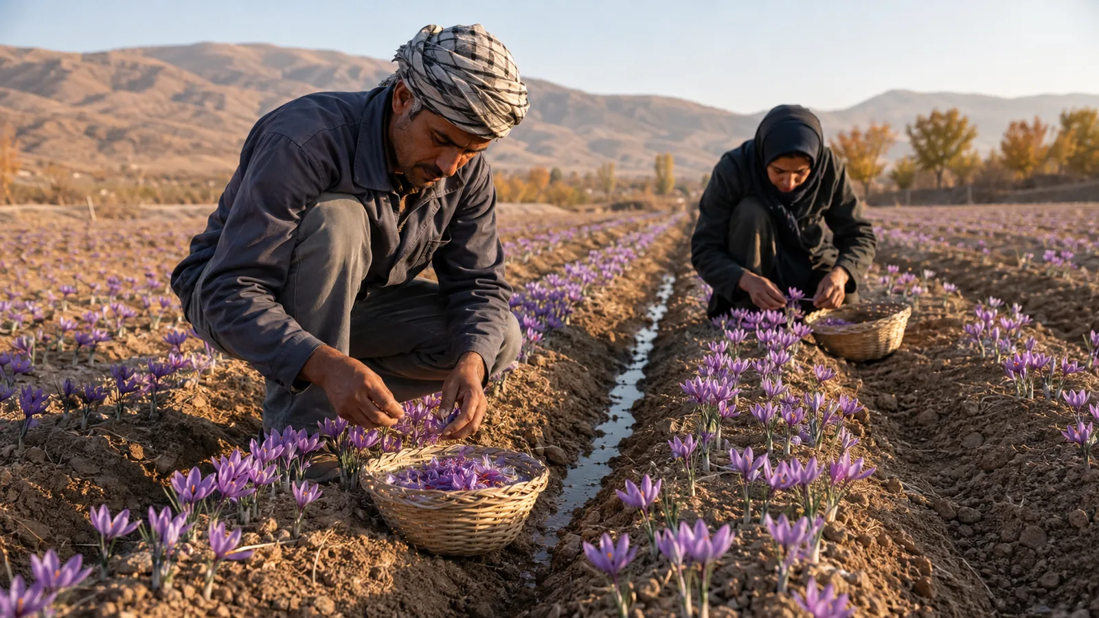 Farm workers harvesting saffron flowers in a dry Isfahan field
