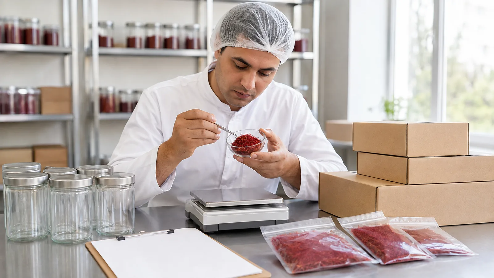 Quality worker inspecting saffron before packing it for export