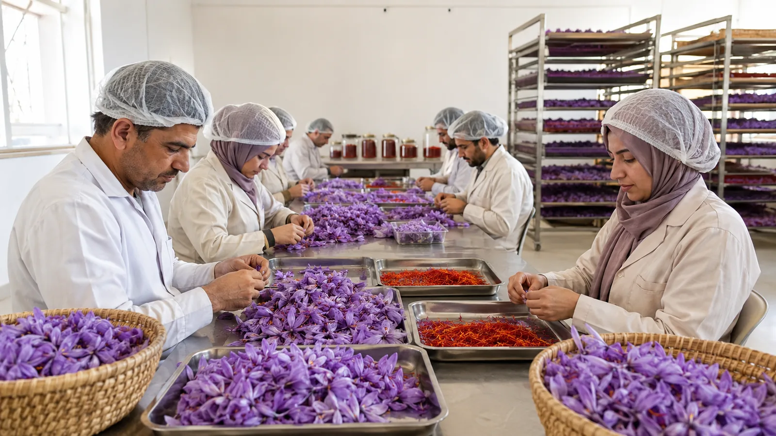 Workers separating saffron flowers and red threads in a processing room