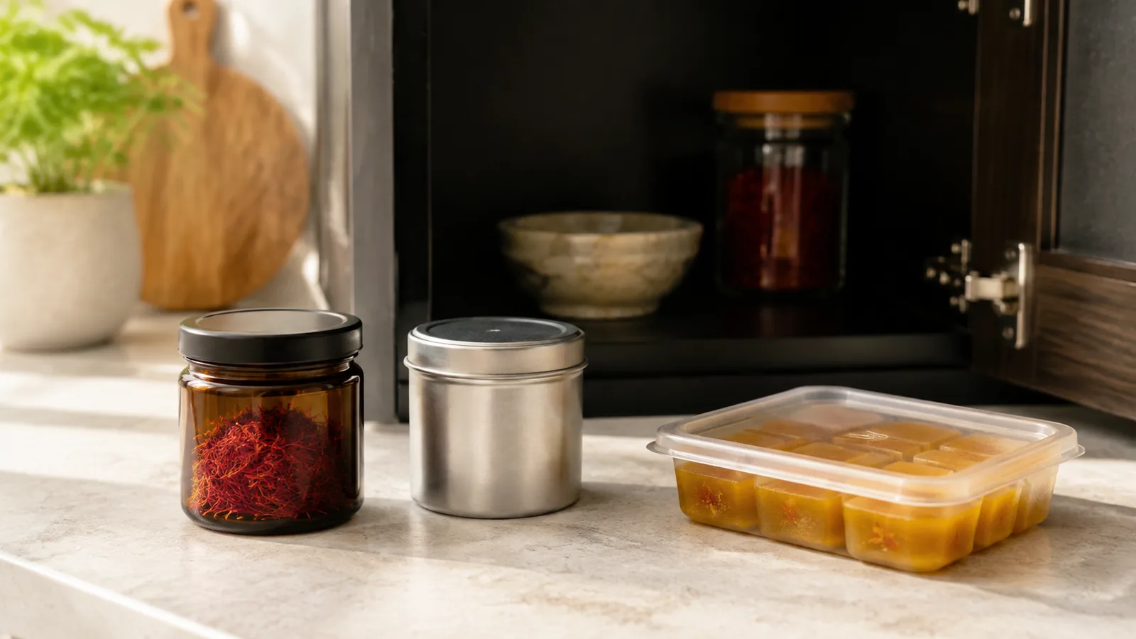 Airtight jar of saffron threads beside covered frozen saffron portions