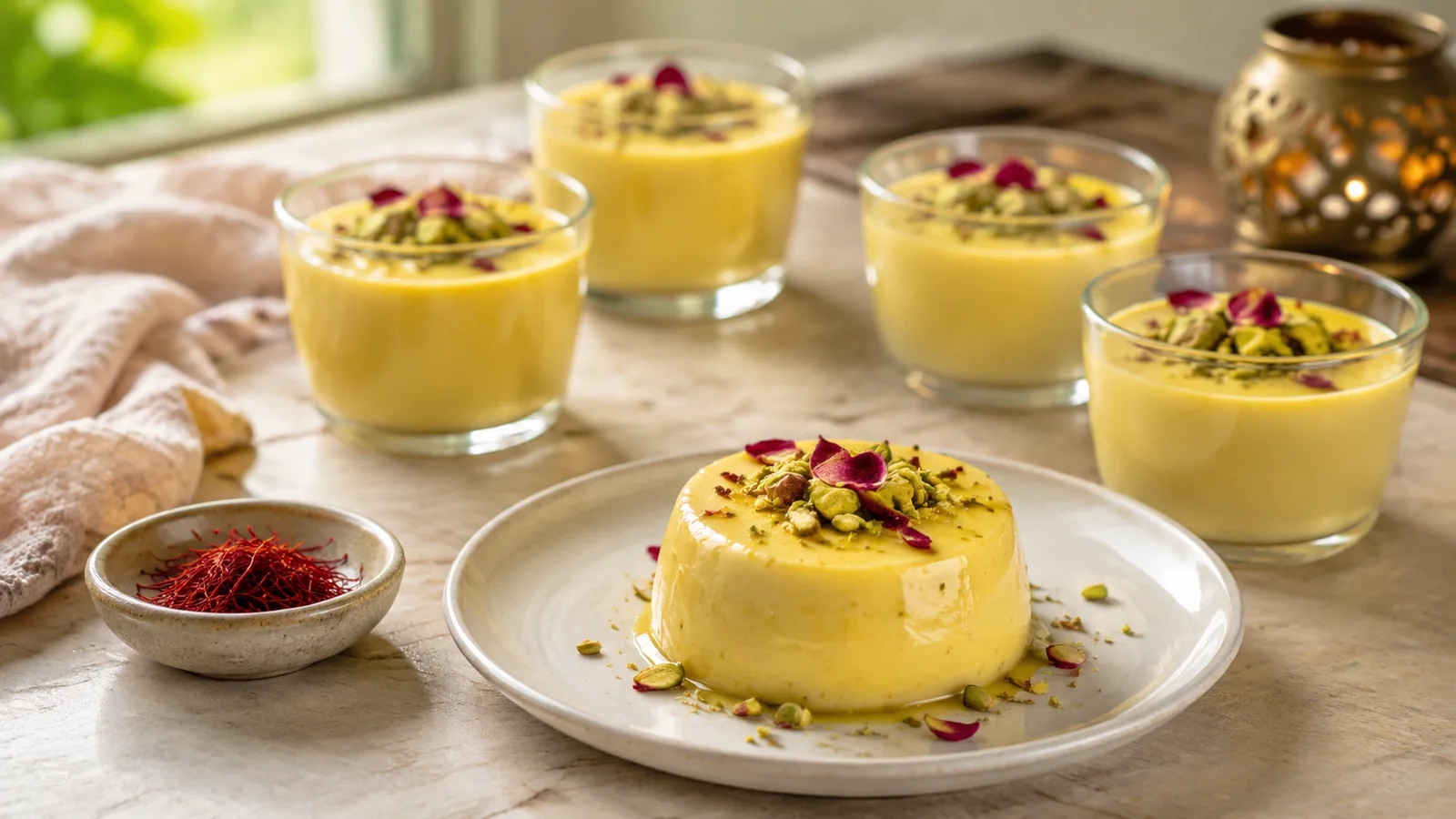 Creamy saffron dessert with pistachios beside saffron threads