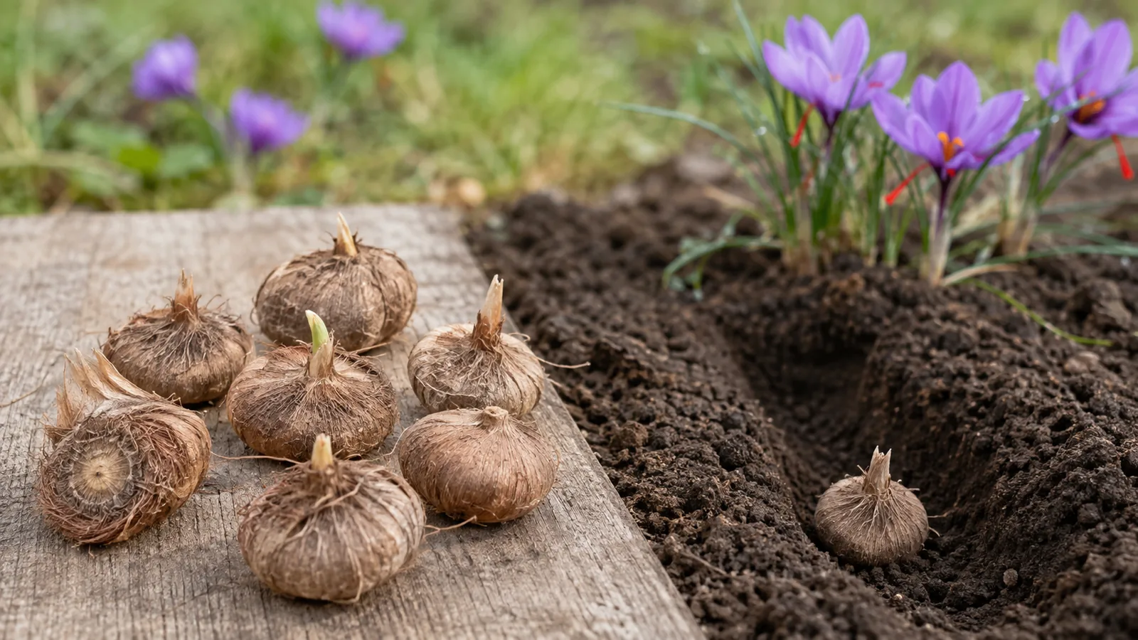 Healthy saffron corms beside a prepared planting furrow