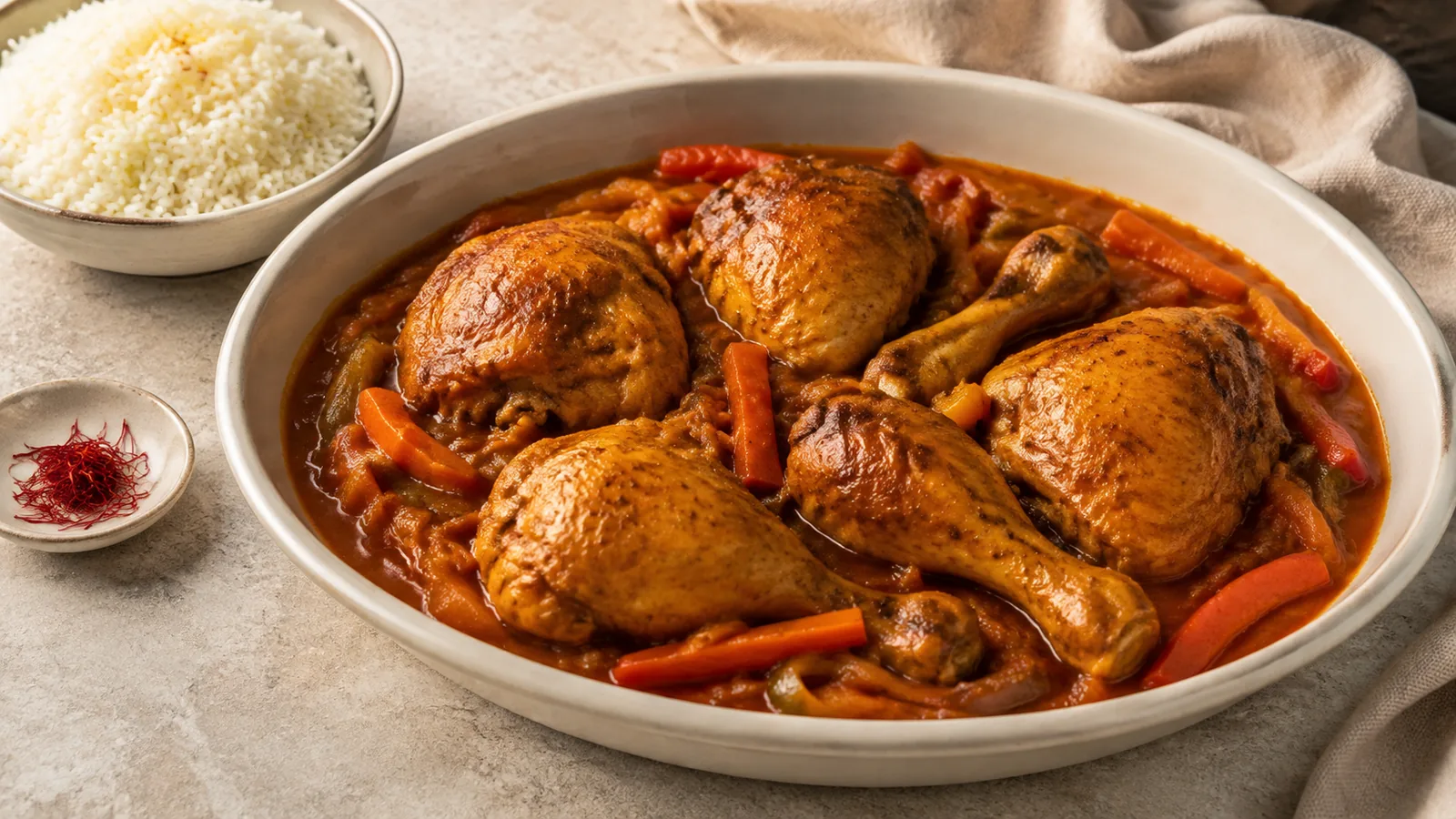 Braised saffron chicken with tomato sauce carrots and rice