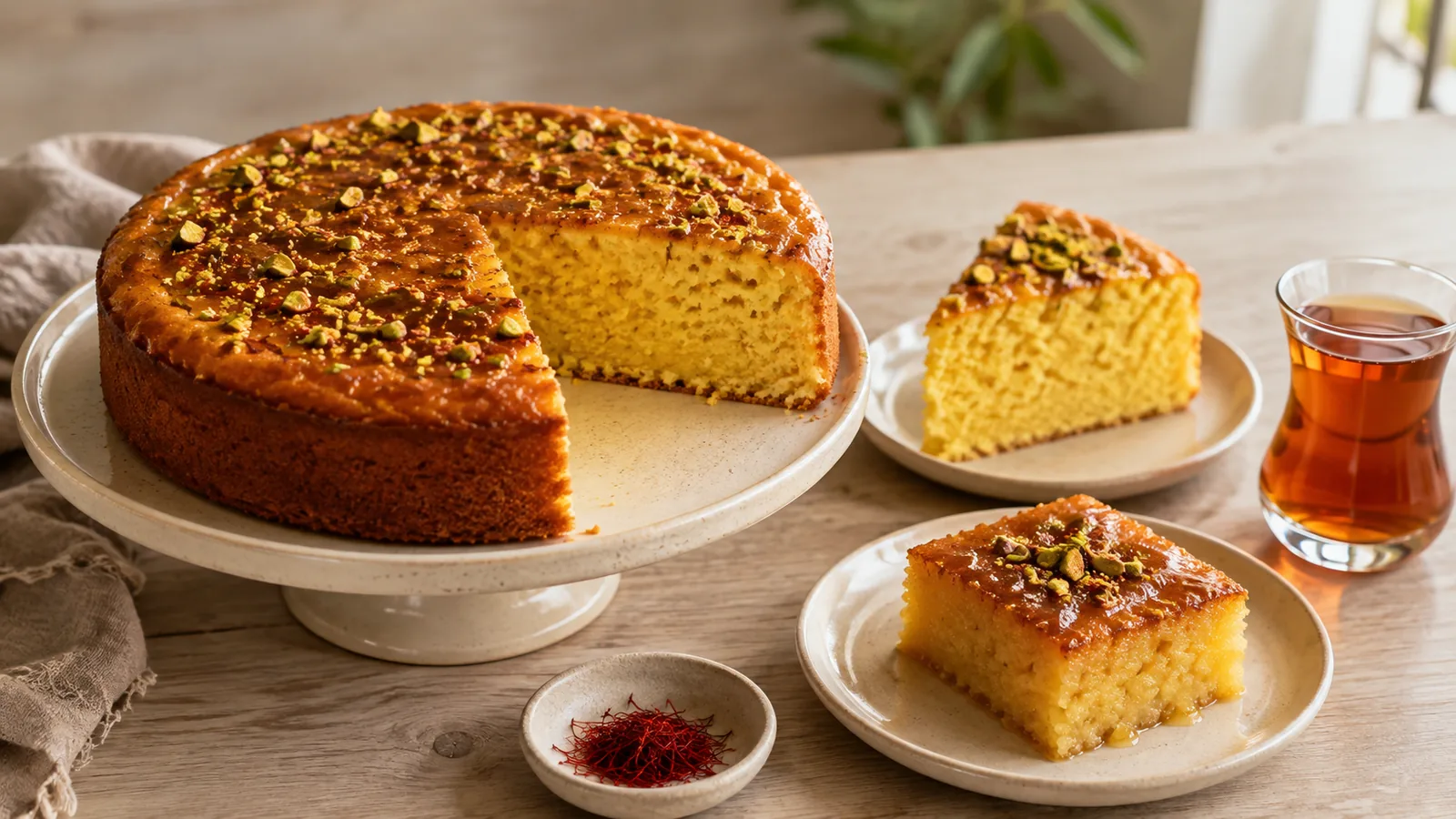 Persian saffron cakes with pistachios honey and tea