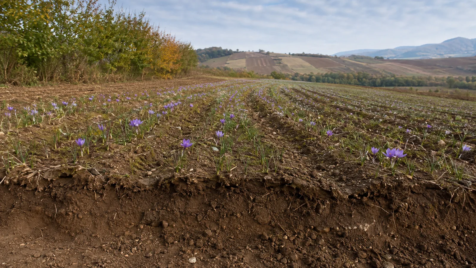 Saffron field rows on sloping well-drained loam soil