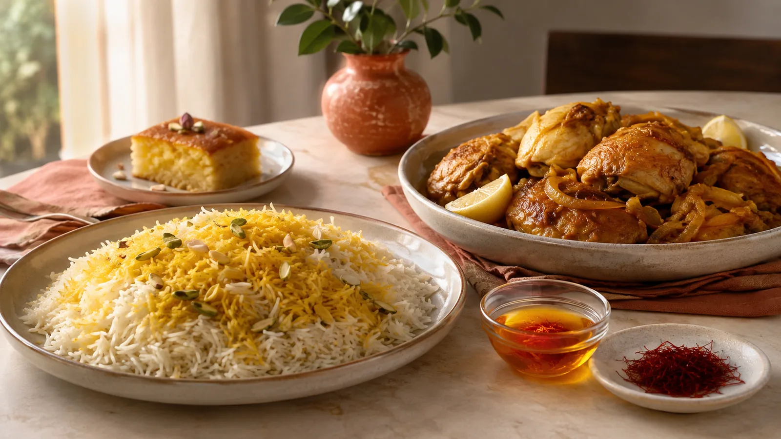 Saffron rice chicken and infusion on a modern dining table