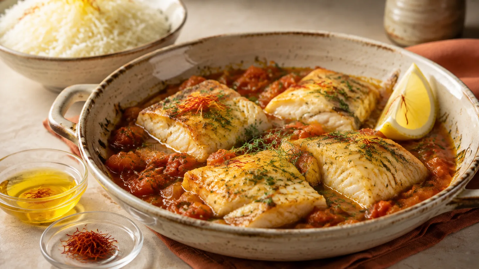 White fish fillets in tomato saffron sauce with rice