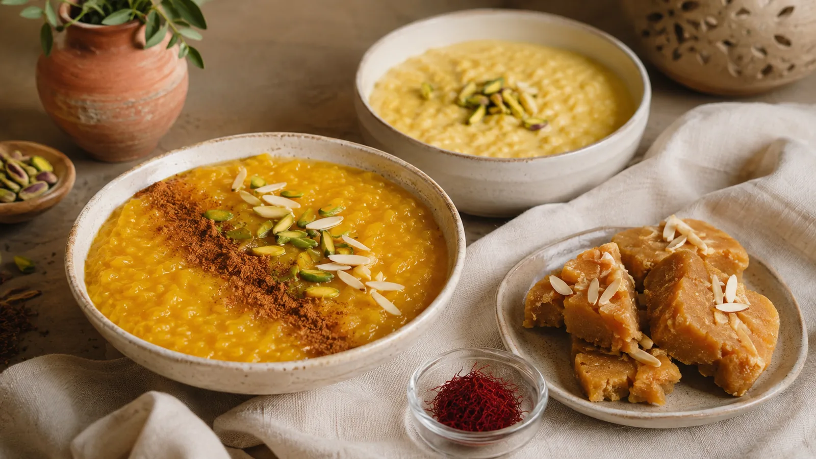 Sholeh Zard saffron rice pudding and Persian halva