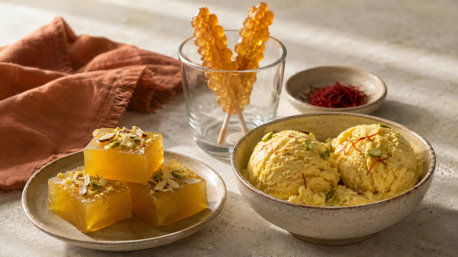 Persian saffron Muscati rock candy and ice cream