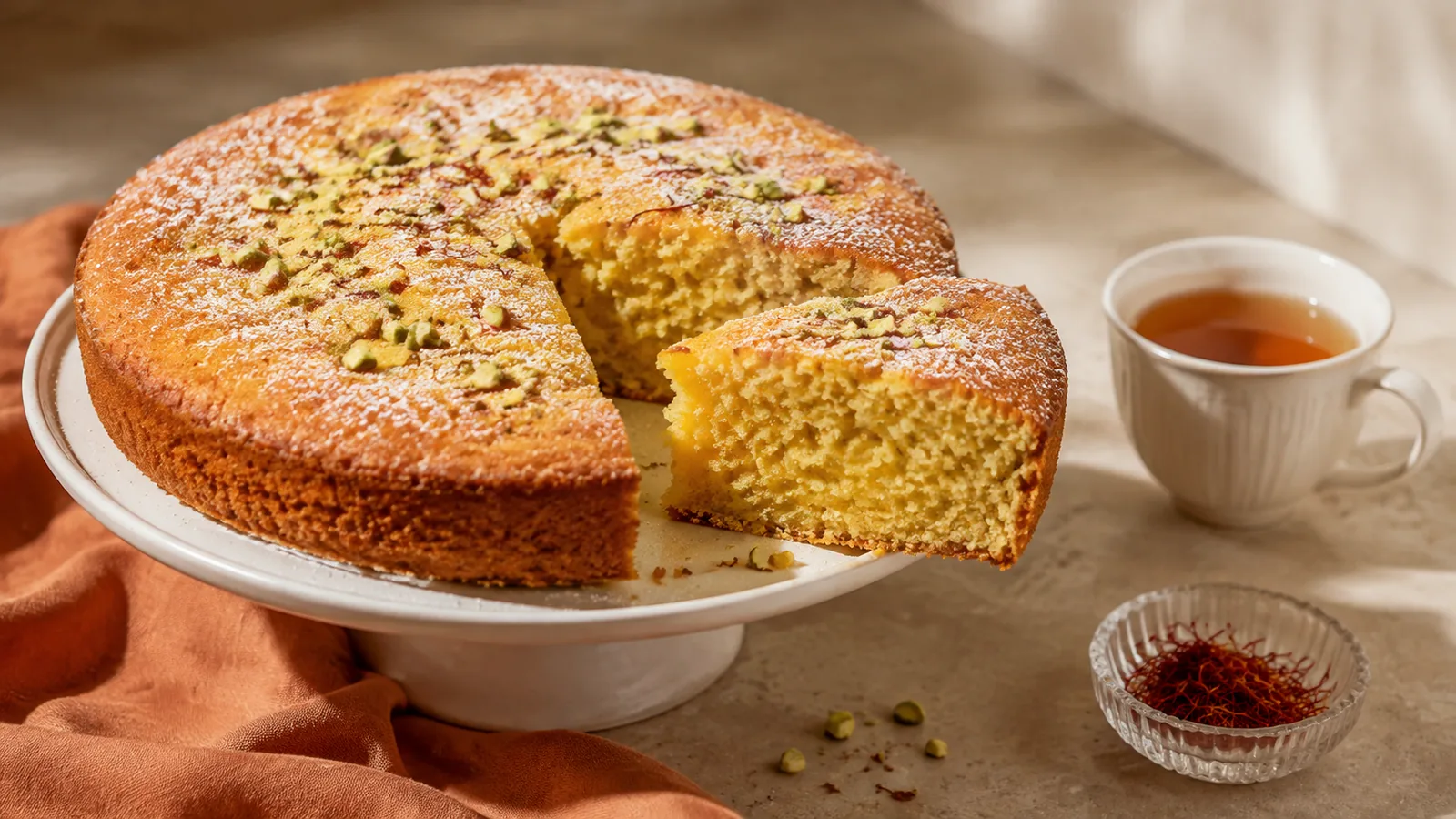 Sliced saffron sponge cake with pistachios and tea