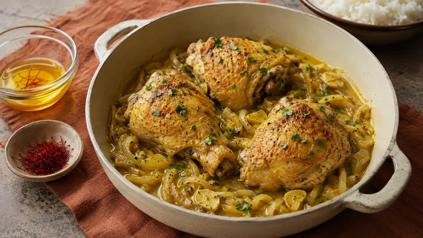 Golden saffron chicken braised with onions and garlic