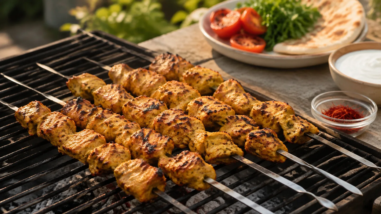 Saffron yogurt chicken kebabs cooking on a grill