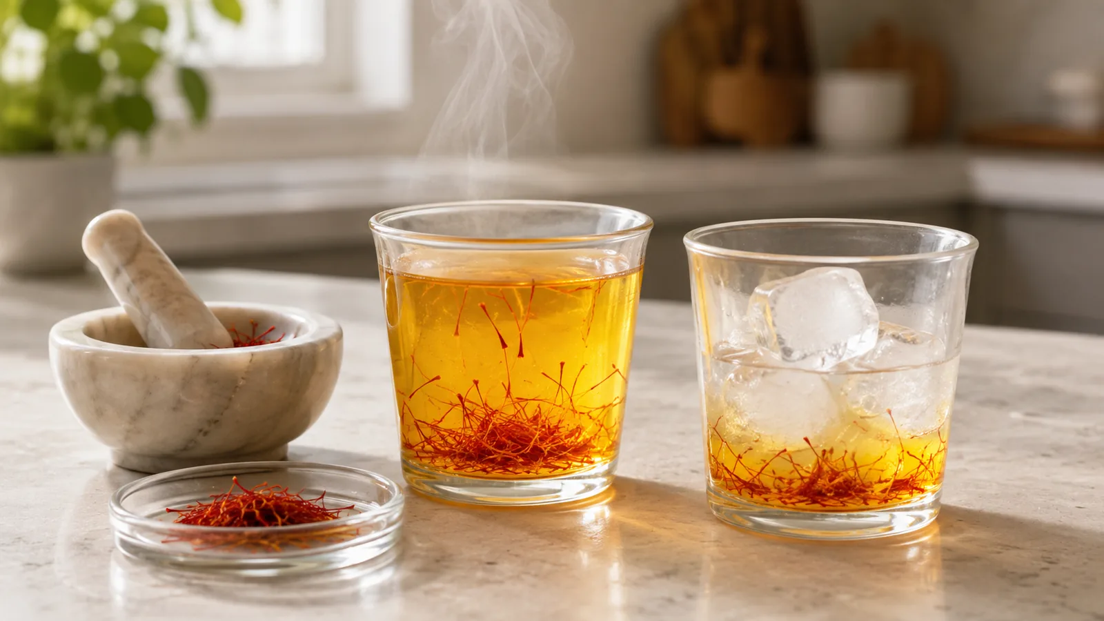 Hot-water saffron infusion beside saffron melting over ice