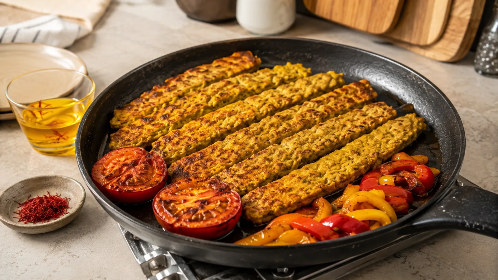 Saffron chicken koobideh strips cooked in a frying pan