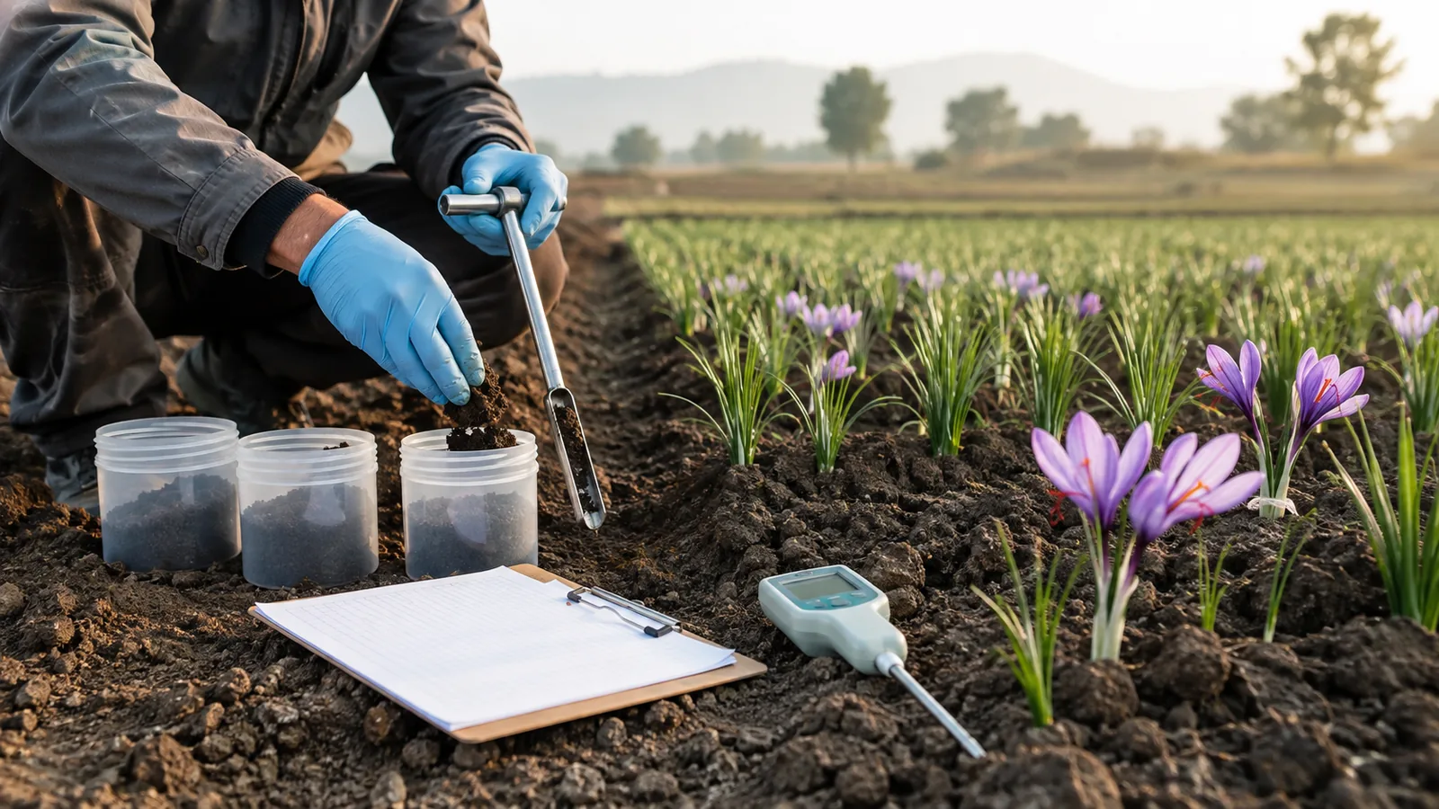 Agronomist collecting soil samples in a saffron field