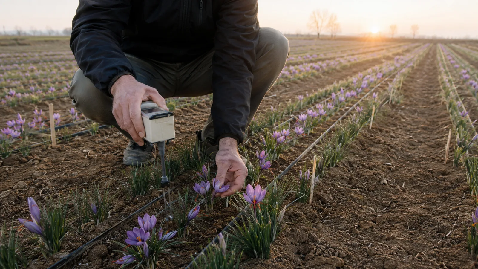 Agronomist checking soil conditions in a flowering saffron field