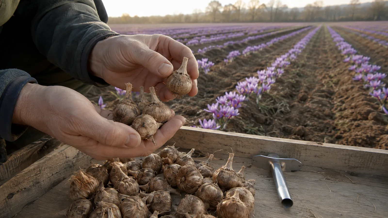 Grower inspecting saffron corm sizes beside a flowering field