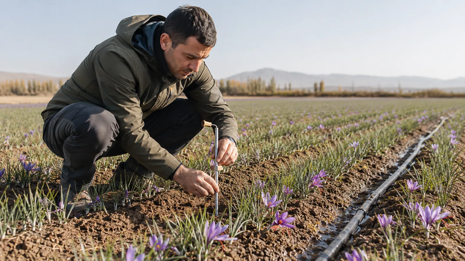 Agronomist checking soil moisture during Zaj Ab irrigation