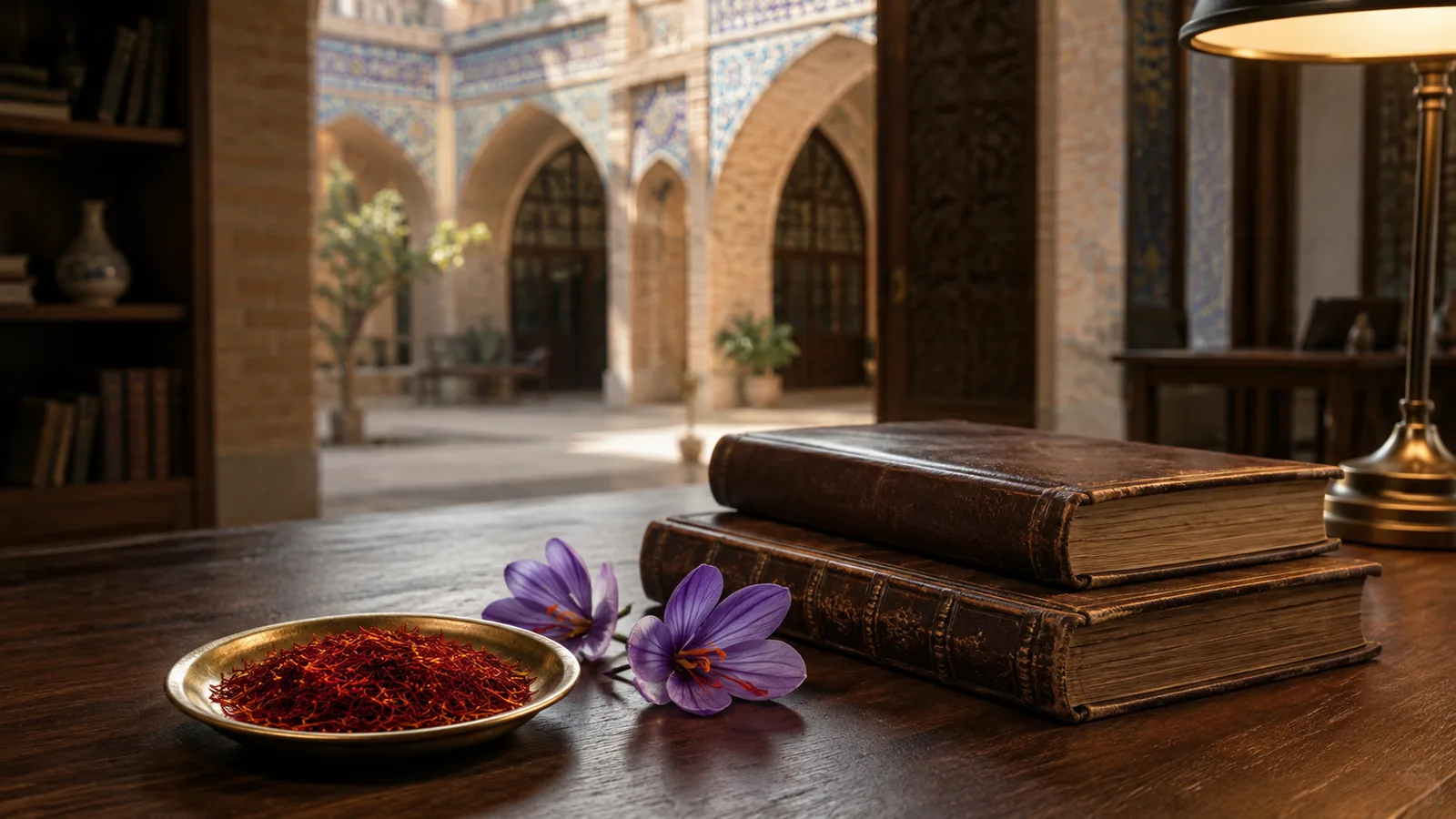 Saffron threads and flowers beside books in a Persian courtyard