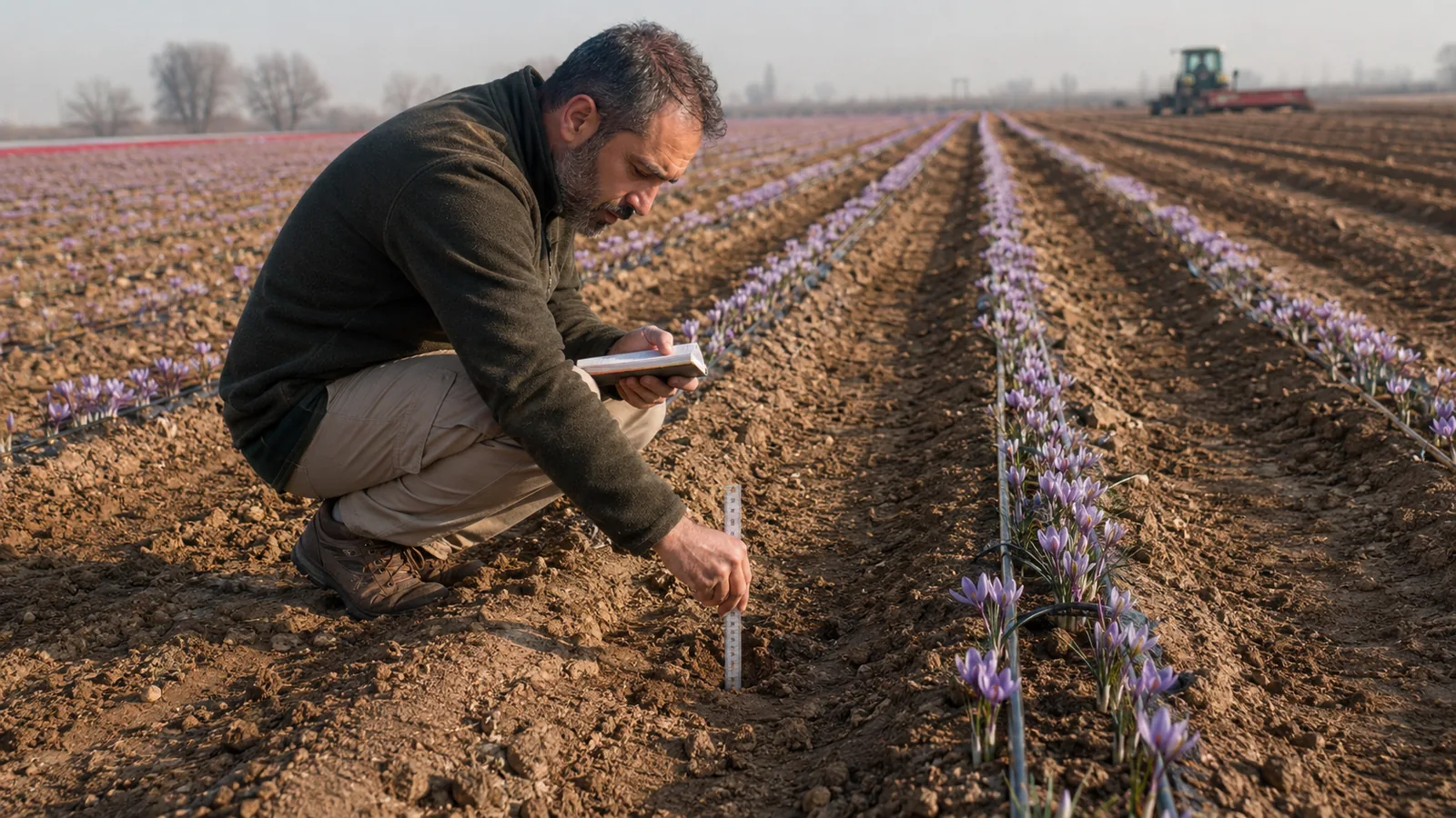 Agronomist reviewing a modern saffron cultivation field