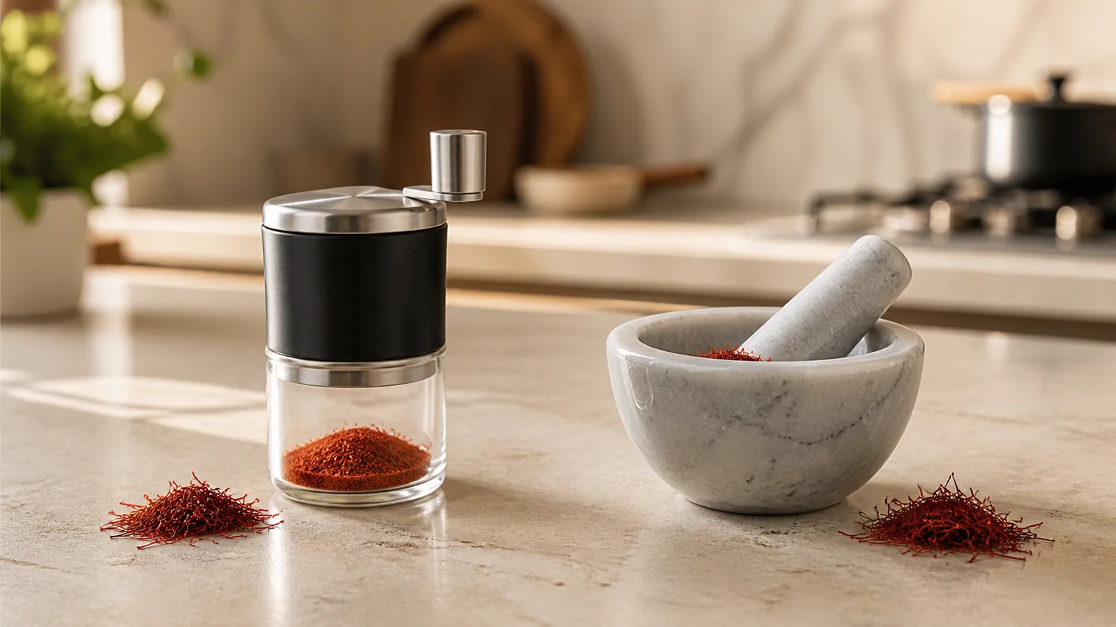 Manual saffron grinder beside a stone mortar and saffron threads