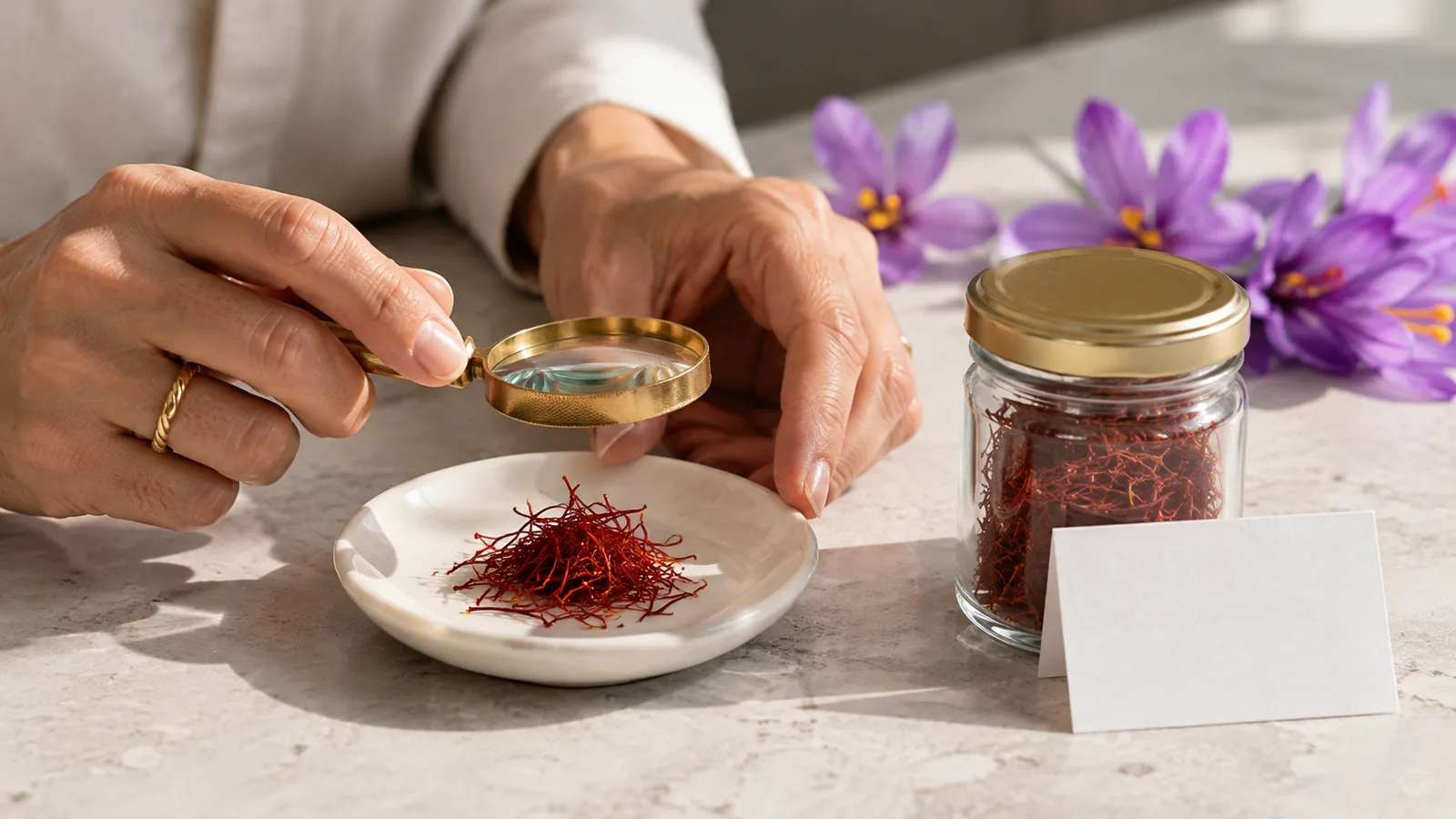 Buyer inspecting authentic saffron threads with a magnifying glass