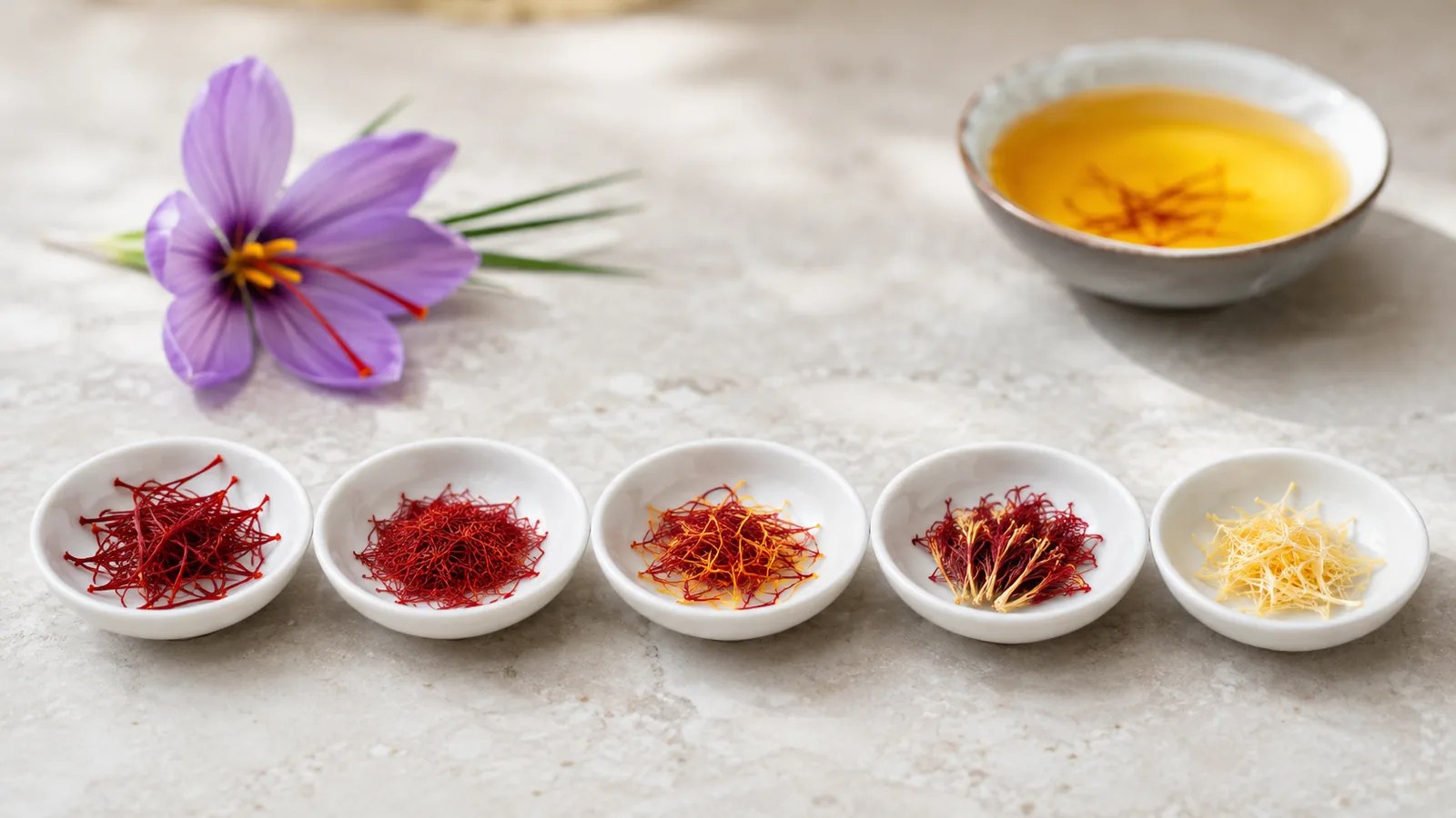 Five saffron thread categories arranged in ceramic dishes