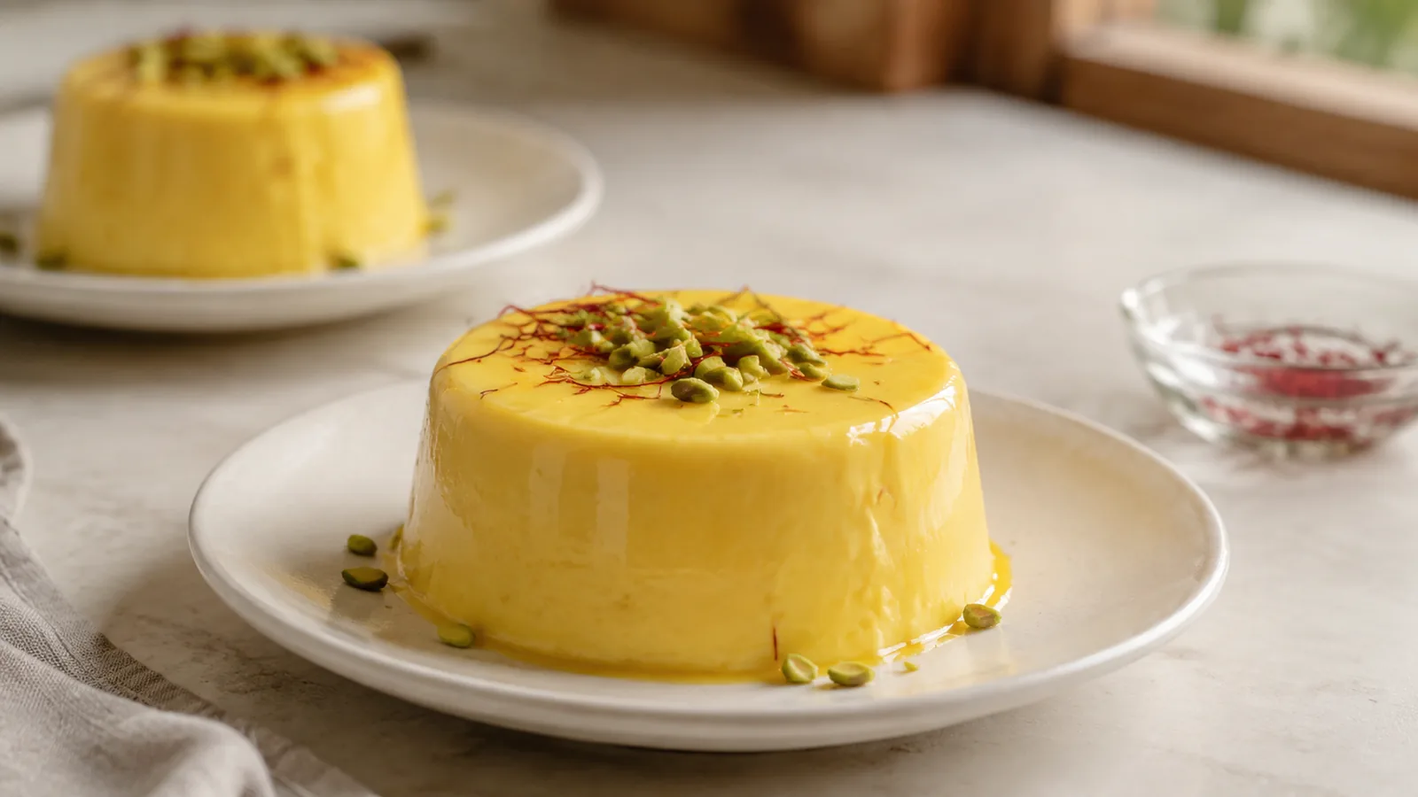 Golden saffron panna cotta topped with pistachio and saffron threads