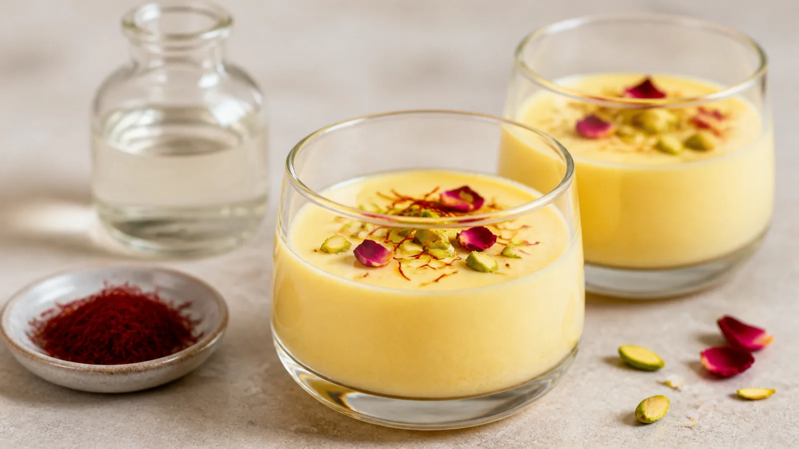 Saffron panna cotta with rosewater, pistachio and dried rose petals