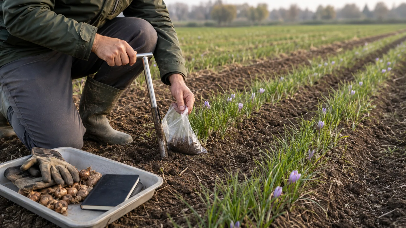Agronomist collecting a soil sample in a saffron field beside saffron corms