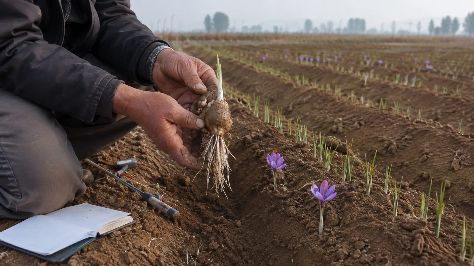 Grower examining healthy saffron corm roots before flowering in a saffron field
