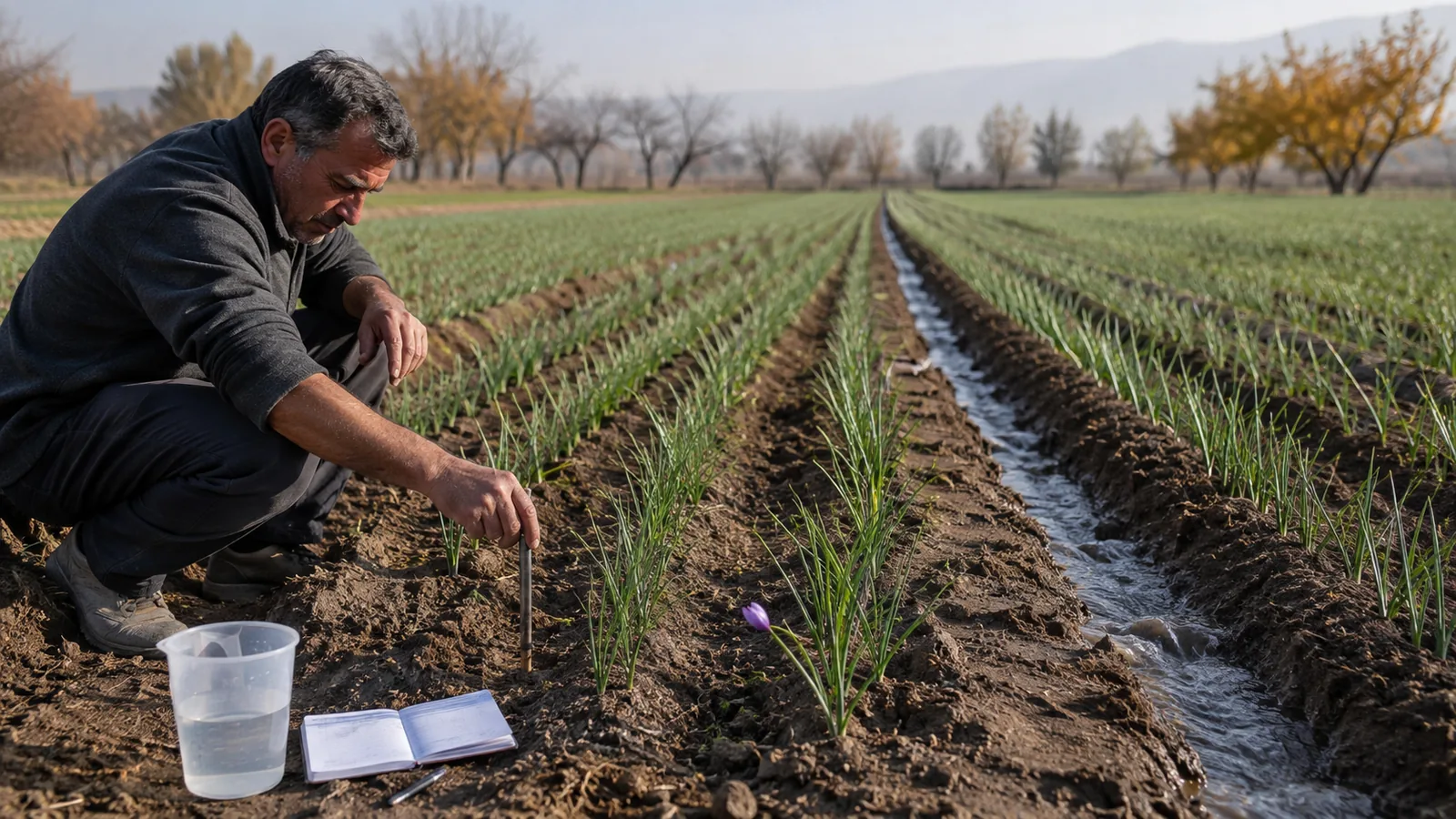 Grower checking root-zone moisture during Zaj Ab irrigation in a saffron field
