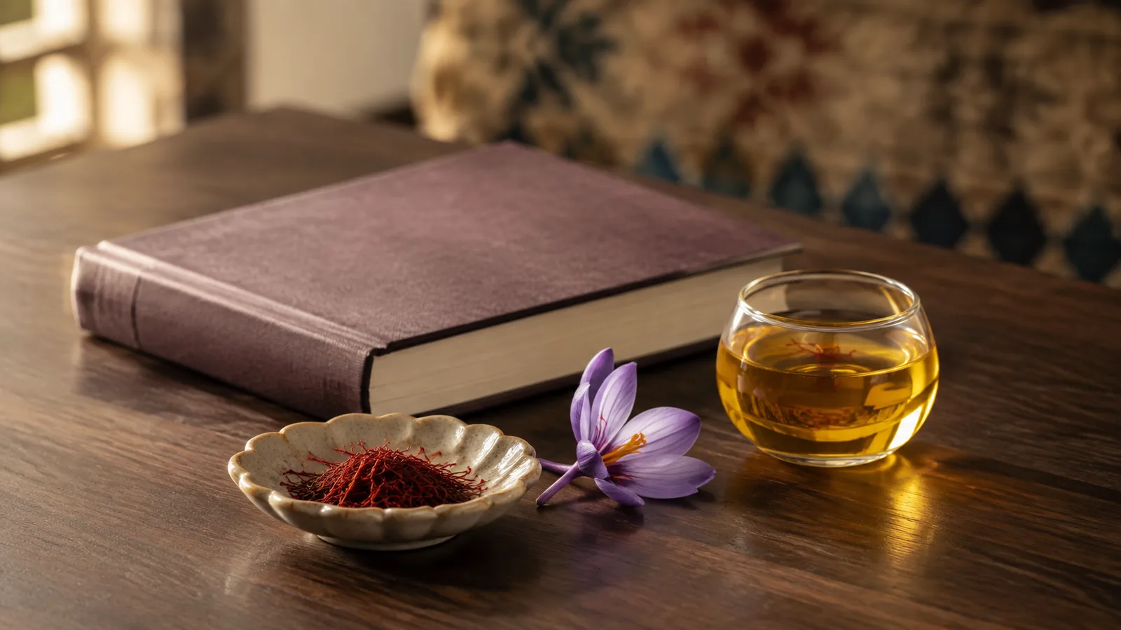 Saffron threads beside an unmarked book and saffron tea